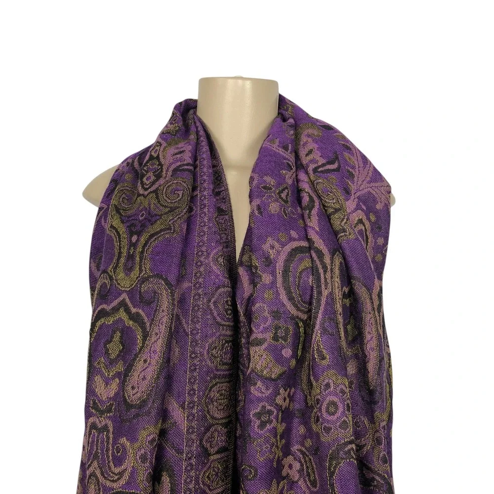 Reversible Boho Purple Paisley Print Pashmina Scarf Fringe Rave Festival Wrap